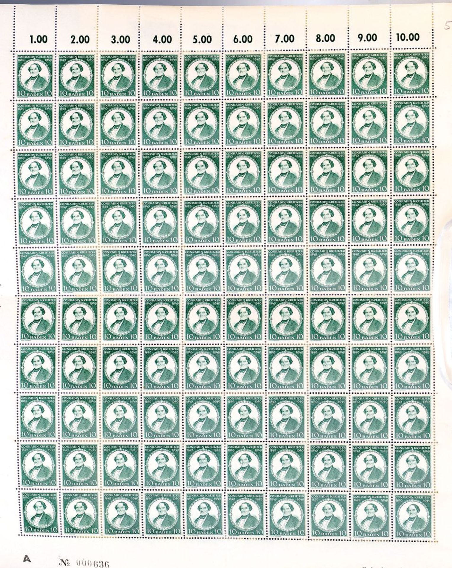 Briefmarken, Bogen Baden, Conradin Kreuzer, Bogen Nr. A No. 000636 gedruckt am 20.8.1949, selten,