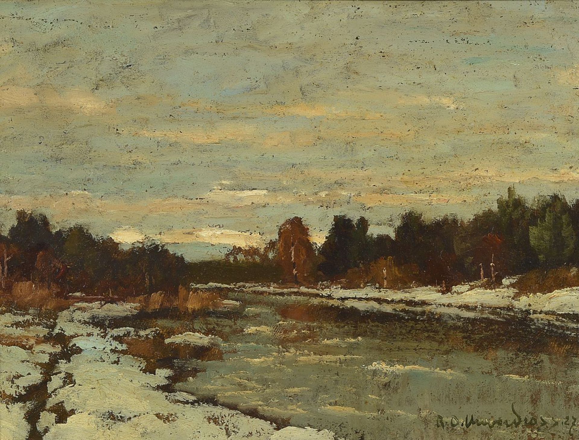 Oskar Raphael Unverdross, 1873 Düsseldorf-1952, Winterlandschaft mit Baum bestandenem Flusslauf,