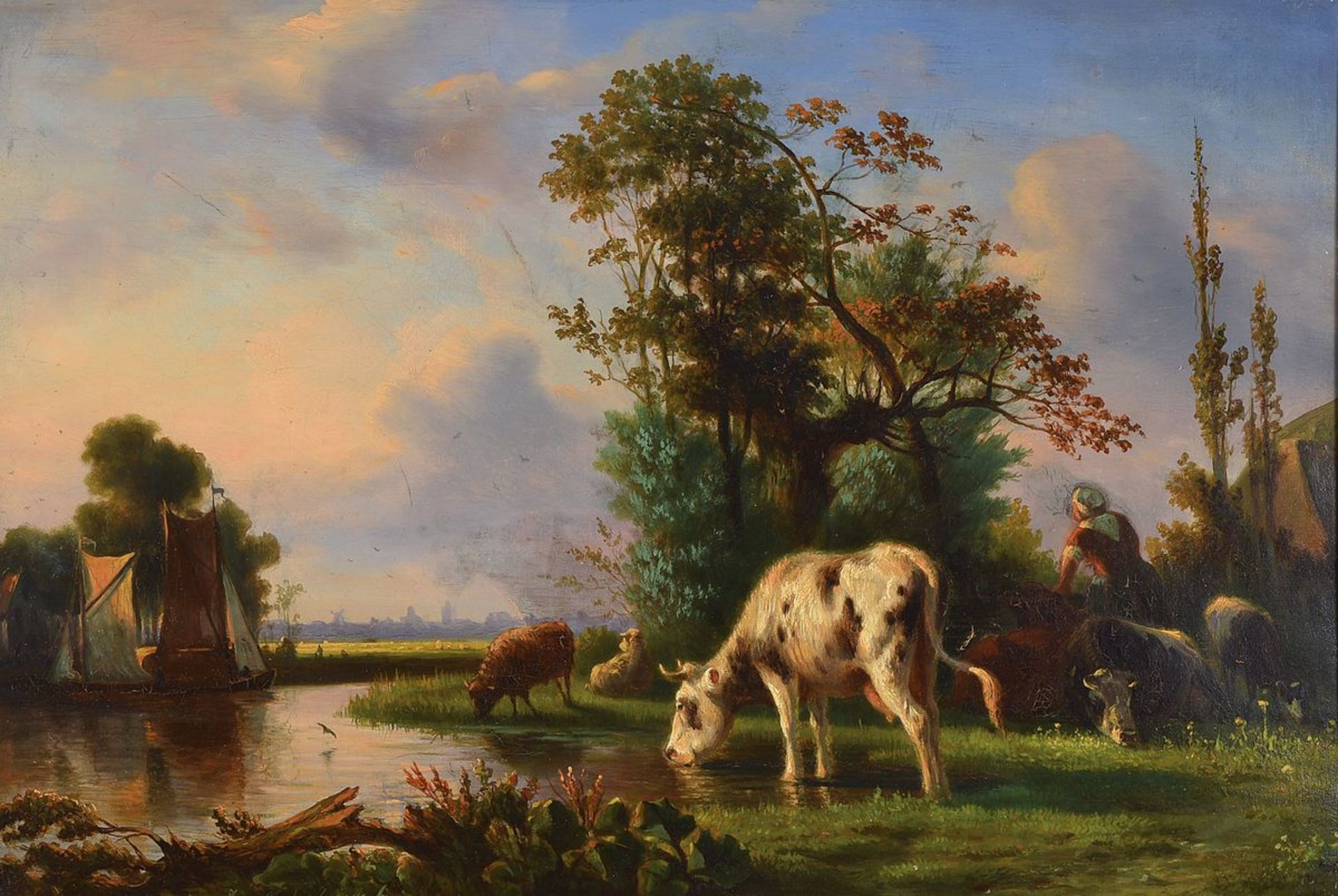 J. van Mastenbroek, niederländischer Maler, 2. Hälfte 19. Jh., Tiere am Fluss, im Hintergrund