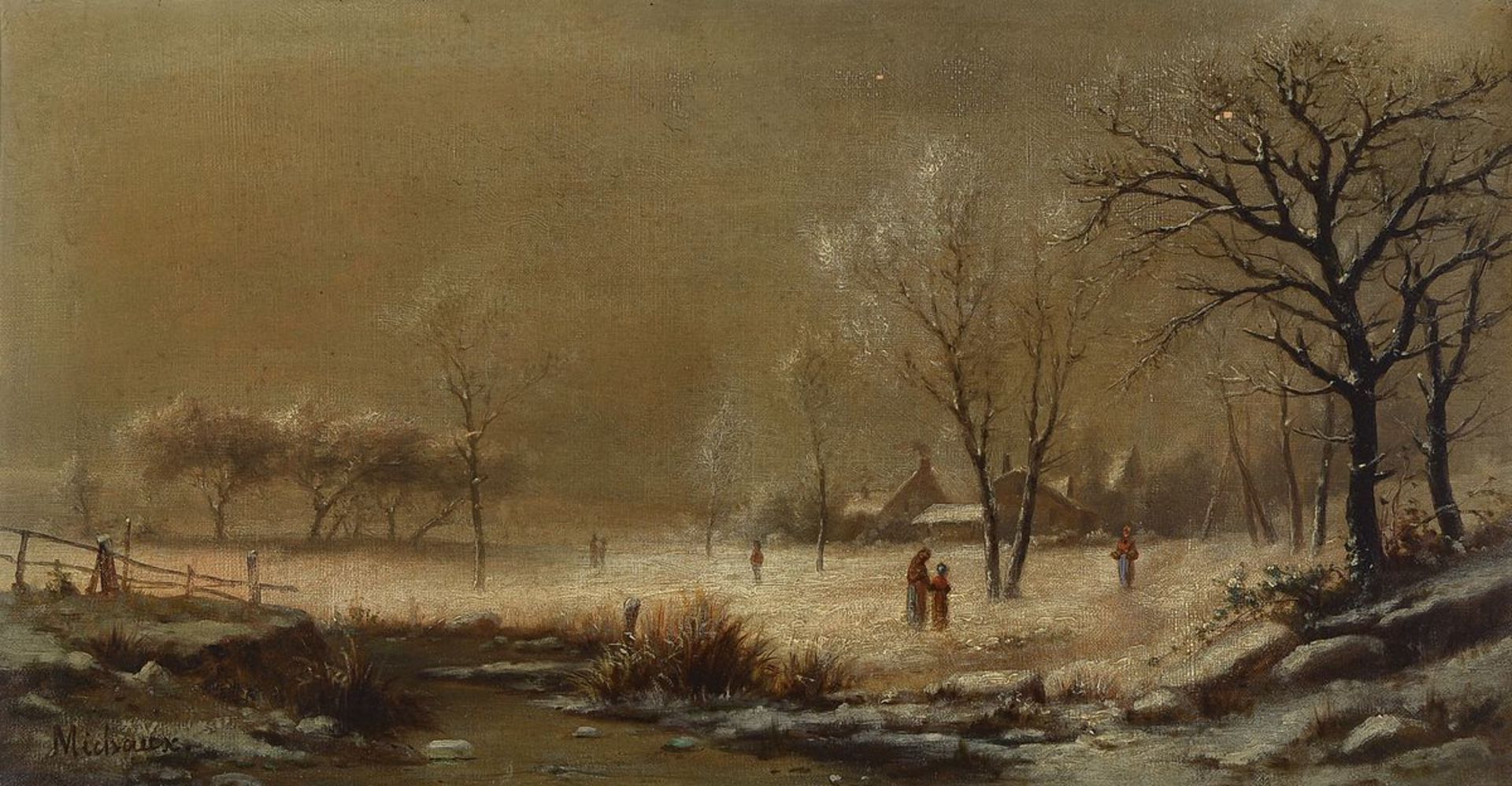 Therese Herminie Michaux, französische Malerin des 19. Jh., verschneite Winterlandschaft mit Dorf im