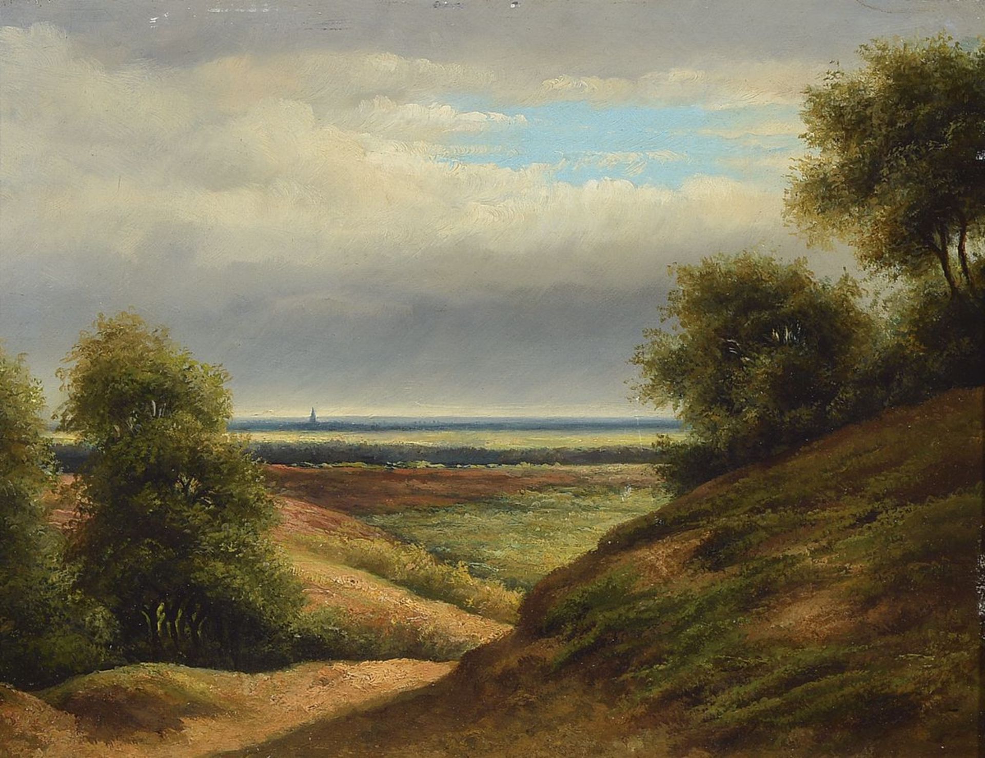Heinrich Ludwig Frische, 1831 Altenbruch - 1901 Düsseldorf, weite Hügellandschaft, Öl/Holz, gute