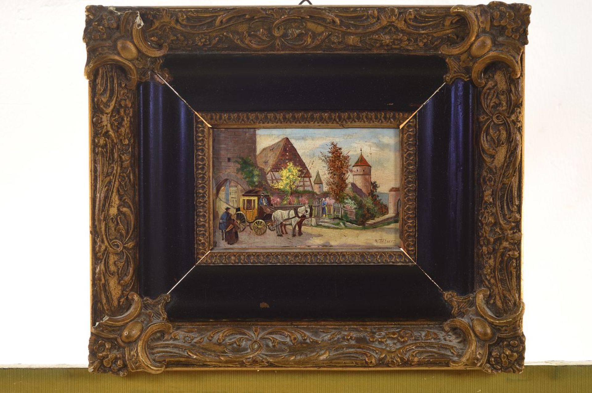 Philipp Zeltner 1865 - 1965 Mainz, Rast der Postkutsche, Öl/Holz, Miniaturmalerei, li. u. - Bild 3 aus 3