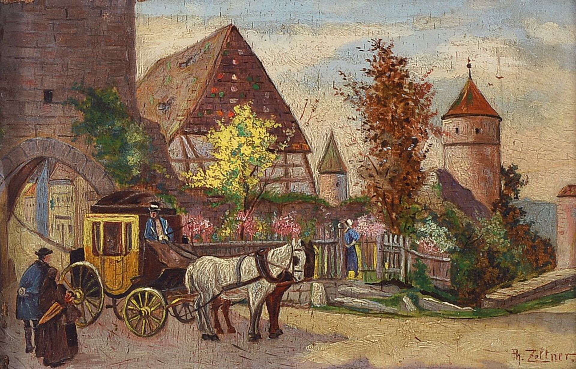Philipp Zeltner 1865 - 1965 Mainz, Rast der Postkutsche, Öl/Holz, Miniaturmalerei, li. u.