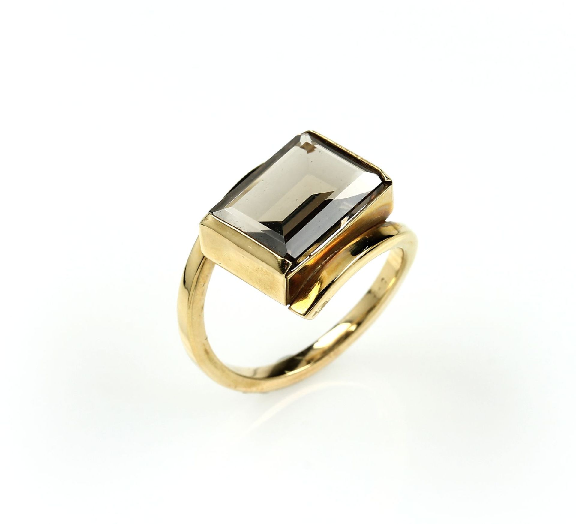 14 kt Gold Ring mit Rauchquarz, GG 585/000,facett. Rauchquarz, asymm. Ringschiene, RW 56, ca. 6.7