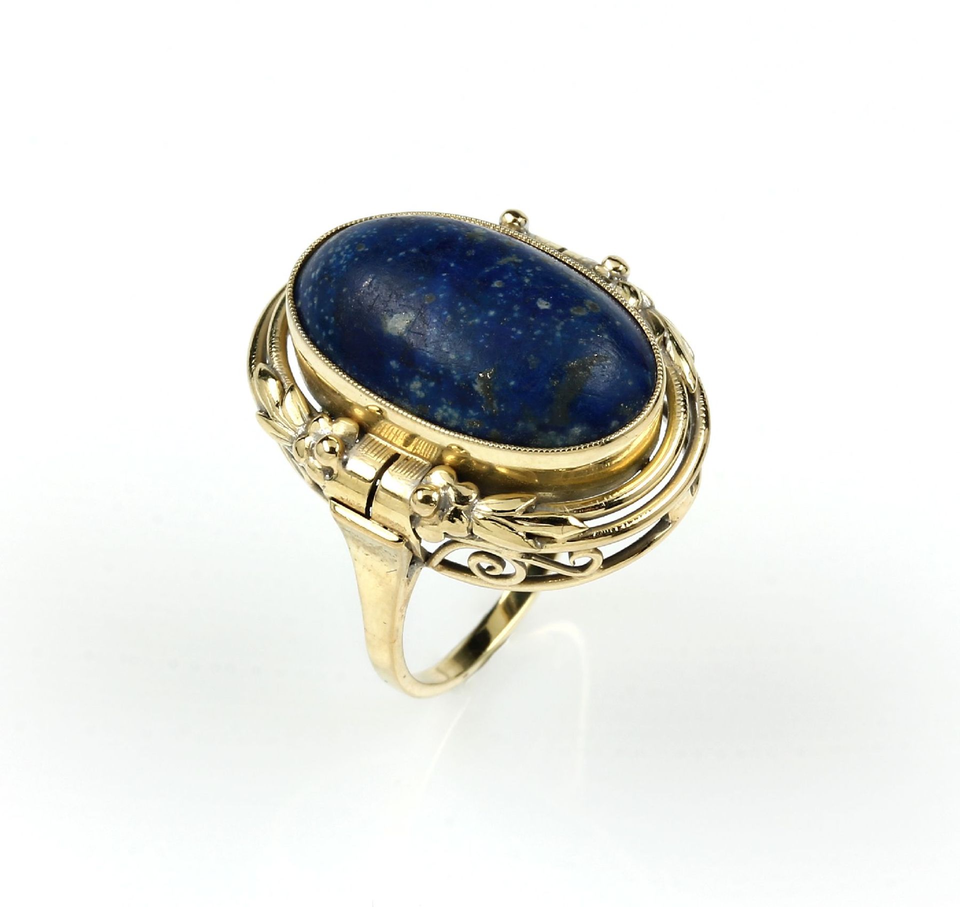 14 kt Gold Ring mit Lapislazuli, GG 585/000, mittig ovaler Lapislazulicabochon, erhaben gefasst,