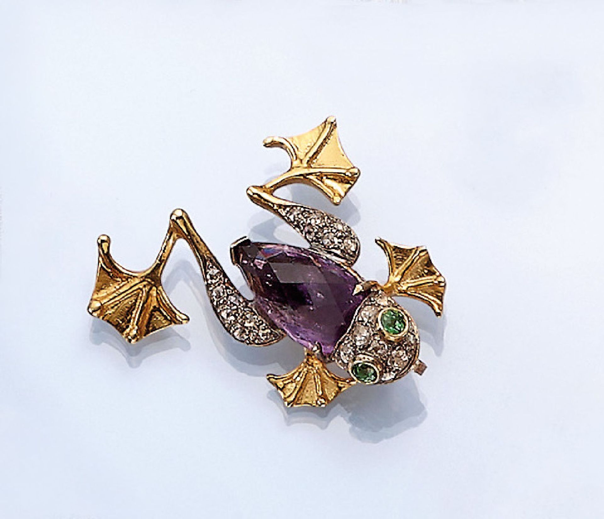 Brosche "Frosch" mit Farbsteinen und Diamanten, Gold und Silber, nach altem Vorbild, Körper aus