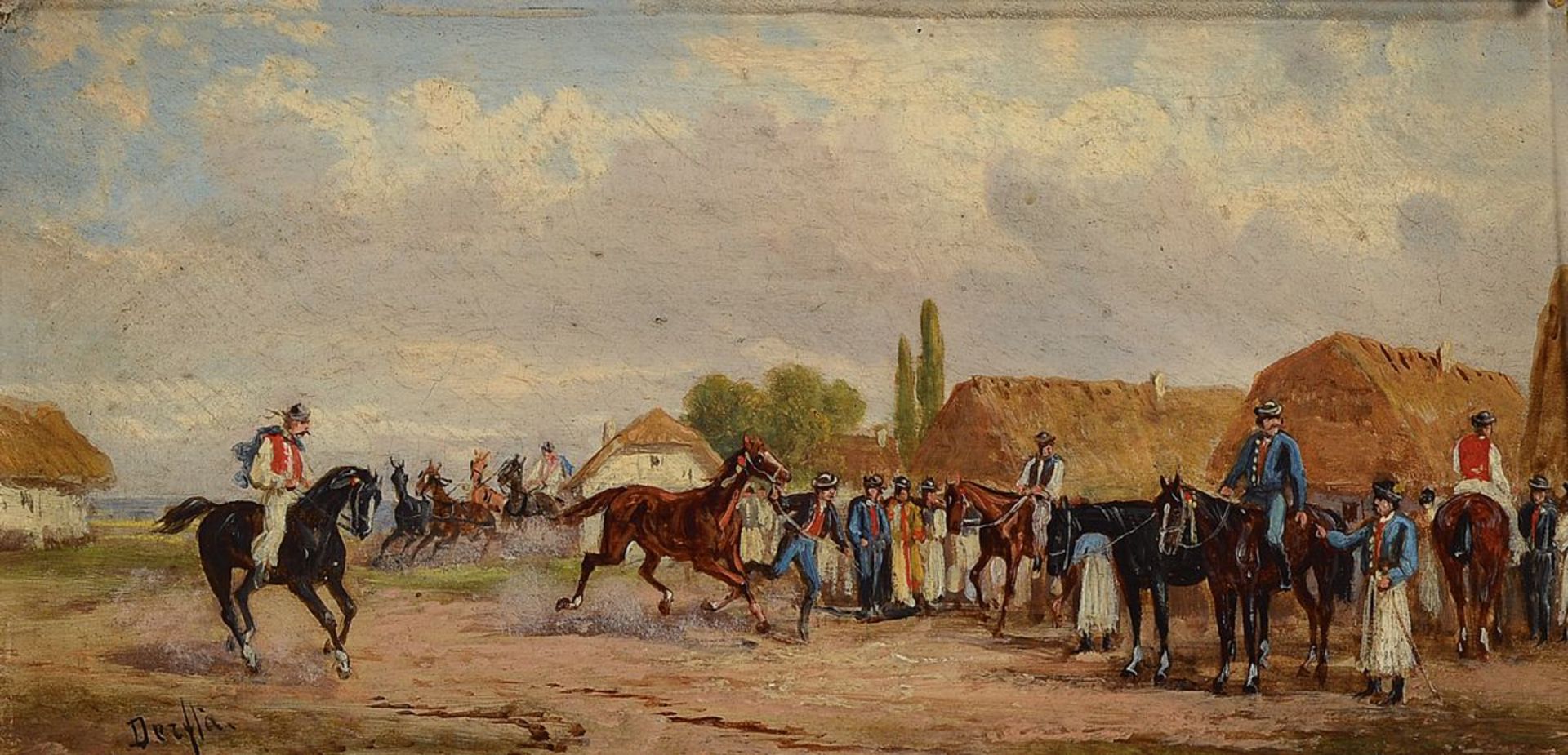 Anton Rudolf Derfla, 1849, traditionell ungarische Genreszene, wohl eines Pferdemarktes, Öl/Holz,