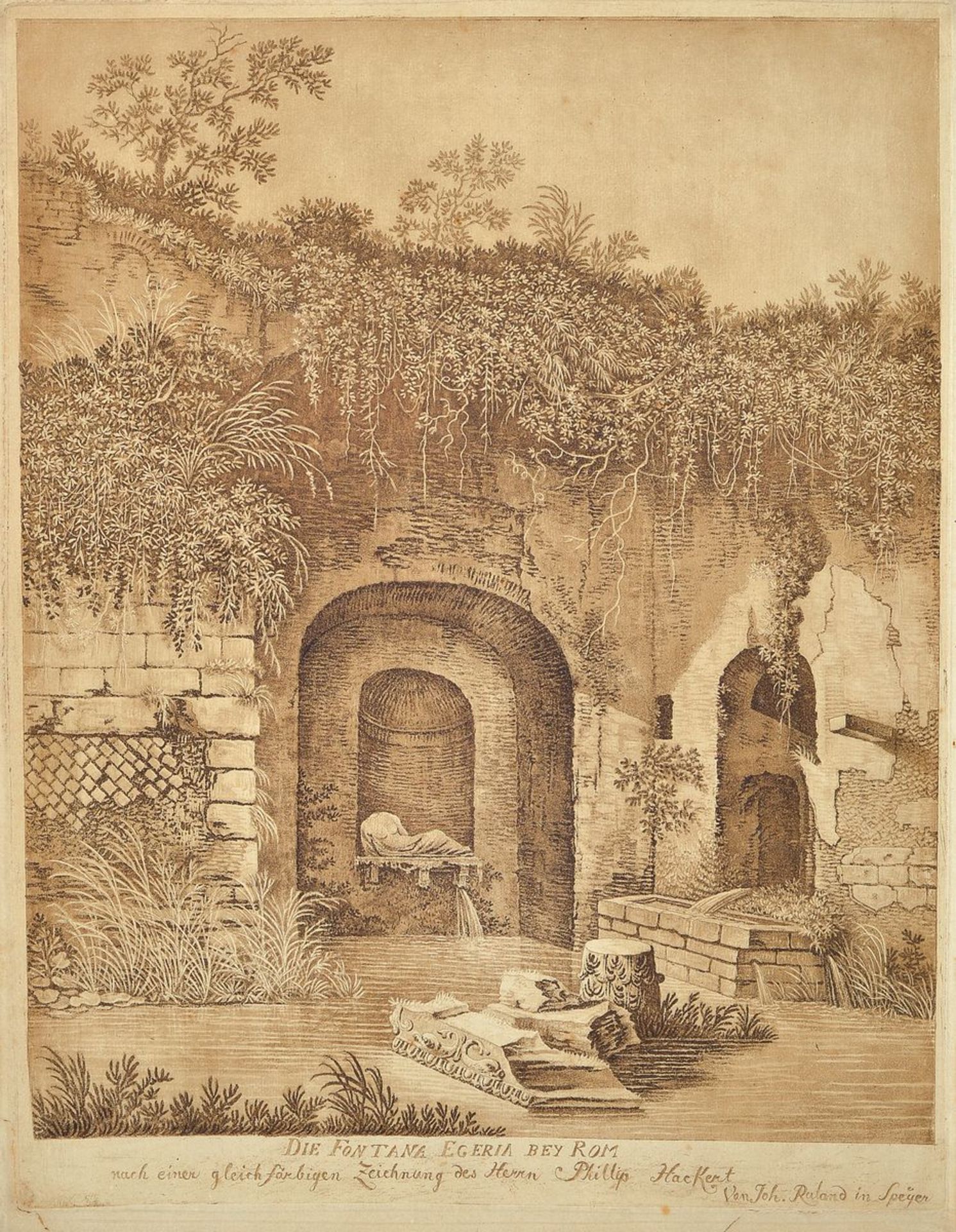 Johannes Ruland, 1744-1830 Speyer, Die Fontana Egeria bei Rom, Sepiazeichnung auf Kupferdruckpapier,