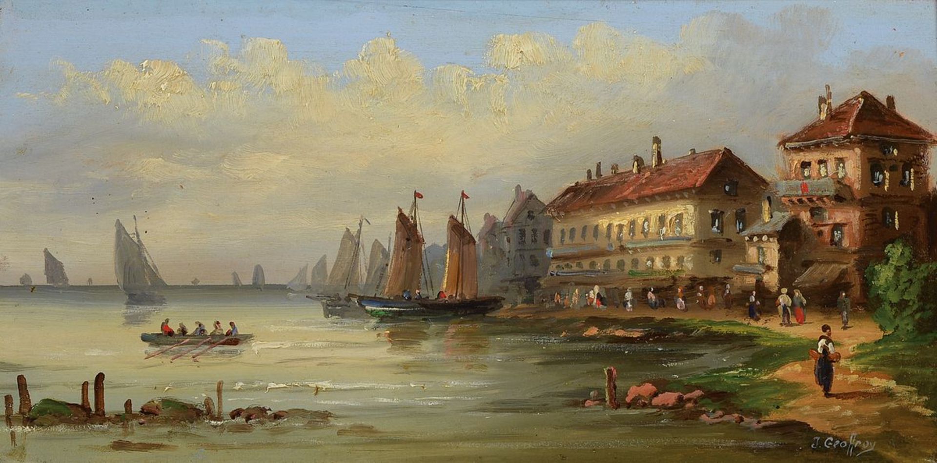 J. Geoffroy, wohl belgischer Künstler, um 1900, Meereslandschaft, Bucht mit reicher Personenstaffage