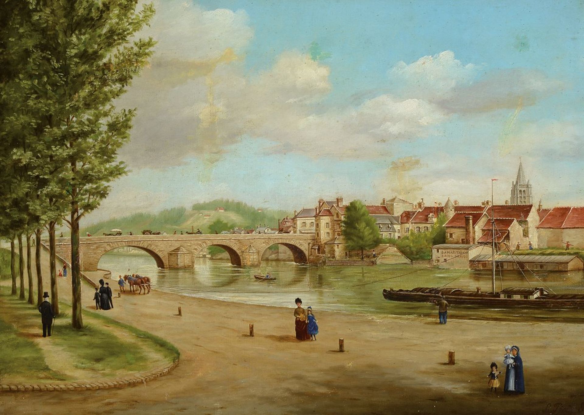 Französischer Künstler, C. Peres, datiert 1889, wohl Loire Stadtansicht, Hafen mit Promenade,