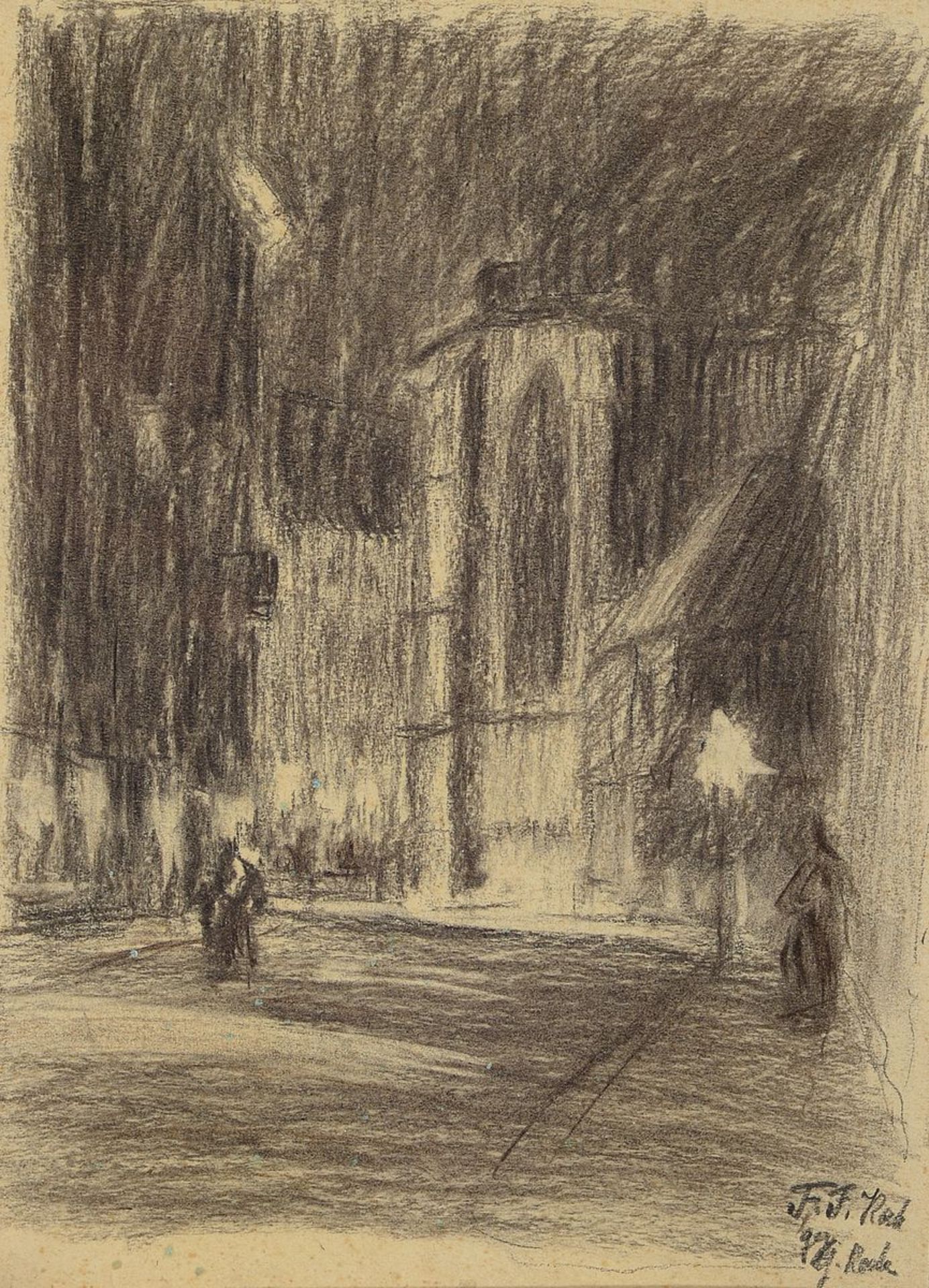 Friedrich Ferdinand Koch, 1863-1923 Landau, Blick in eine Straße, Bleistiftzeichnung auf Papier,