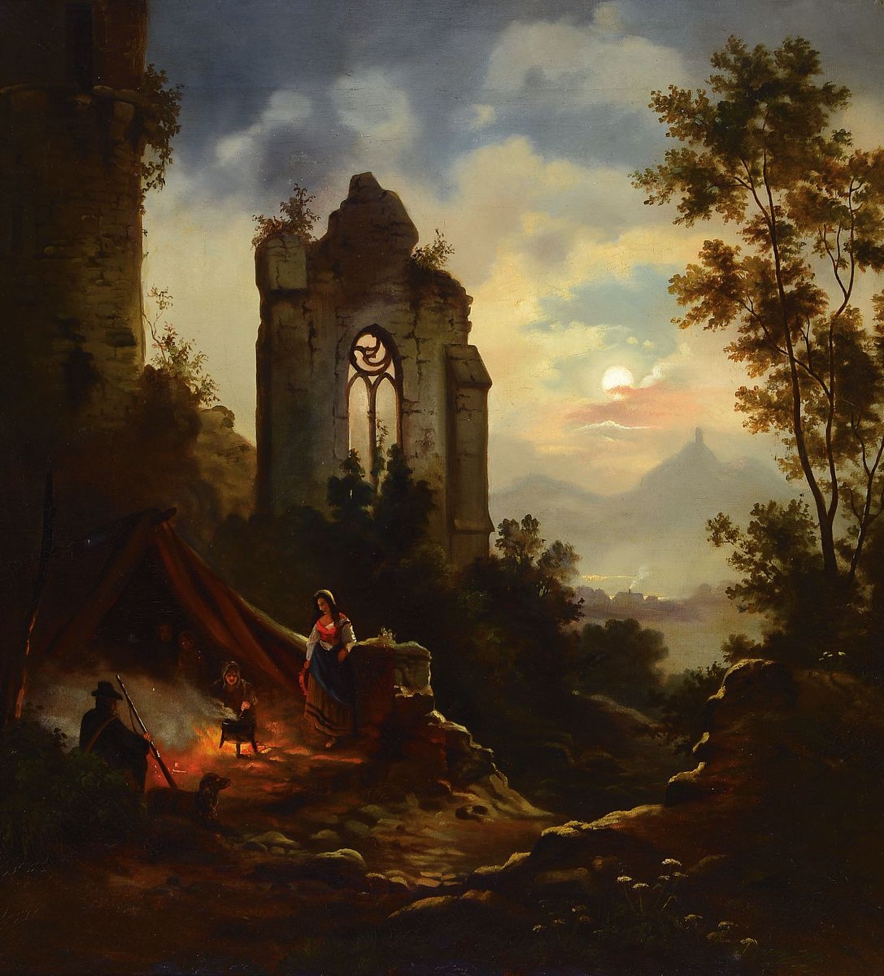 Romantiker, deutsch, um 1850-1870, Ruinenlandschaft mit weitem Blick in Tal, im Vordergrund links