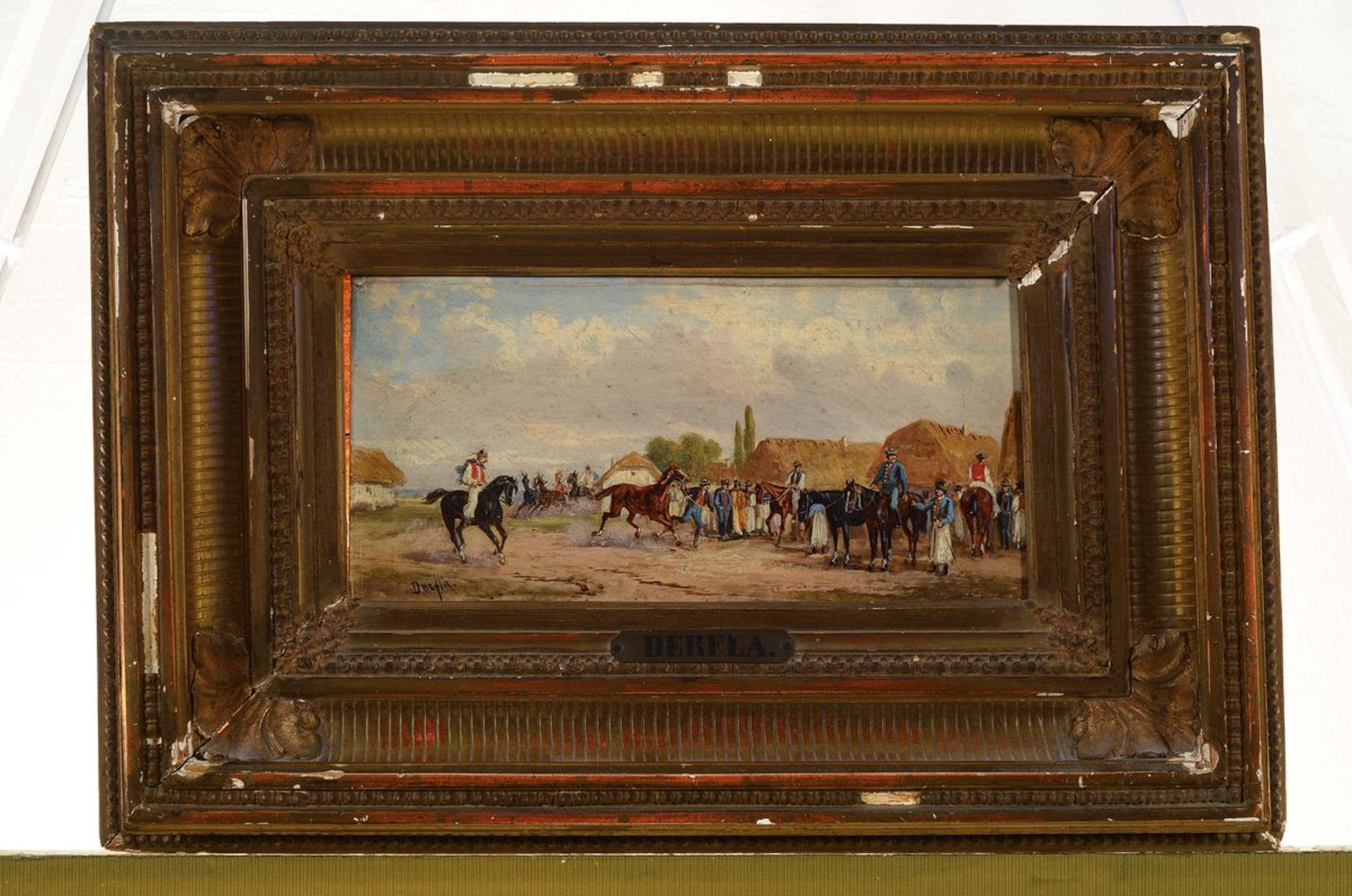 Anton Rudolf Derfla, 1849, traditionell ungarische Genreszene, wohl eines Pferdemarktes, Öl/Holz, - Bild 3 aus 3