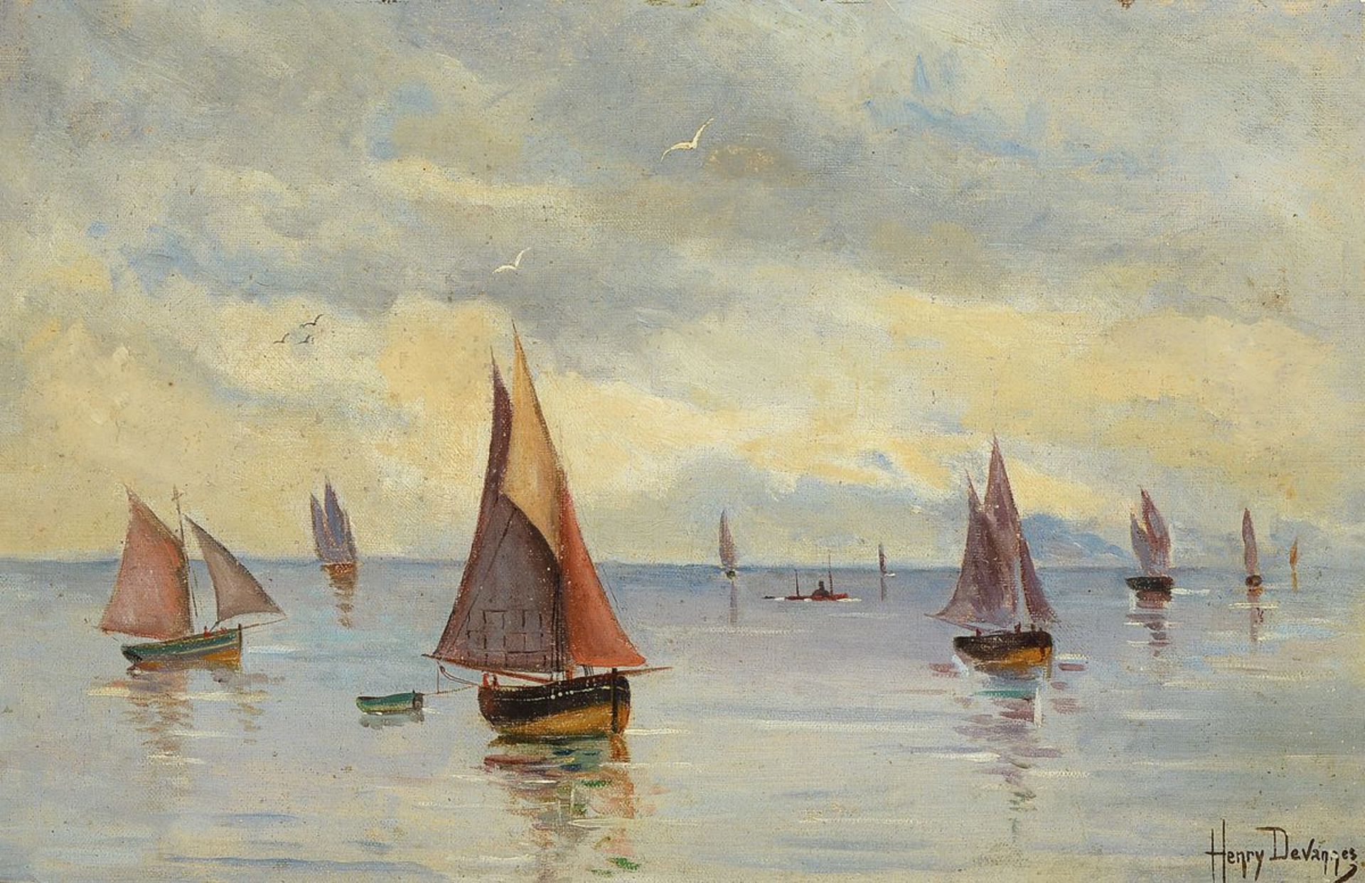 Unbekannter belgischer Künstler, um 1900, Segelschiffe auf ruhiger See, Wasserfläche im
