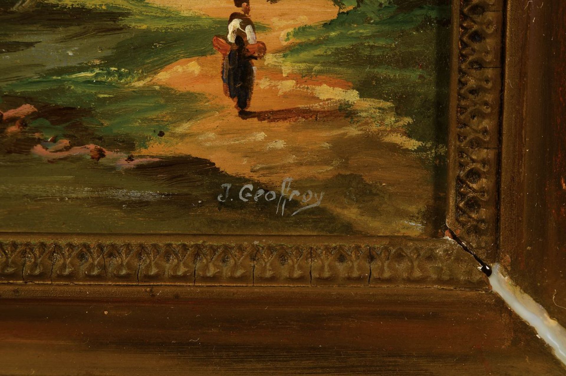 J. Geoffroy, wohl belgischer Künstler, um 1900, Meereslandschaft, Bucht mit reicher Personenstaffage - Bild 2 aus 3