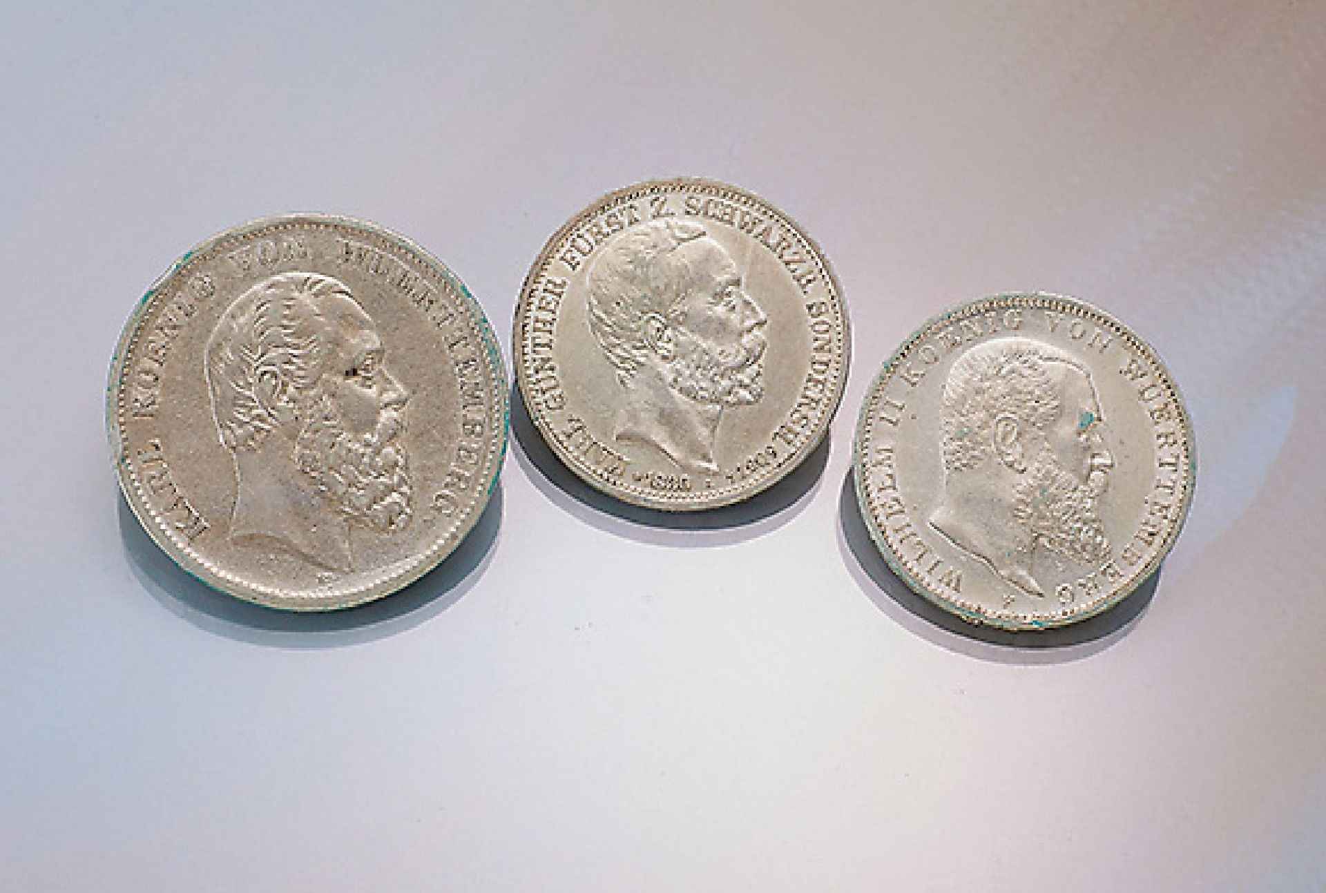 Konvolut 7 Silbermünzen, Württemberg, best.aus: 1 x 5 Mark, 1876, Karl König von Württemberg, 5 x