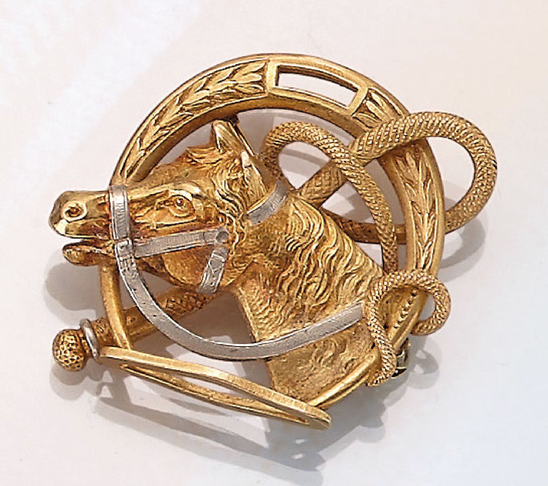 18 kt Gold Brosche, Frankreich um 1900, GG/WG 750/000, feiner Guss, grav., reine Glückssymbolik,