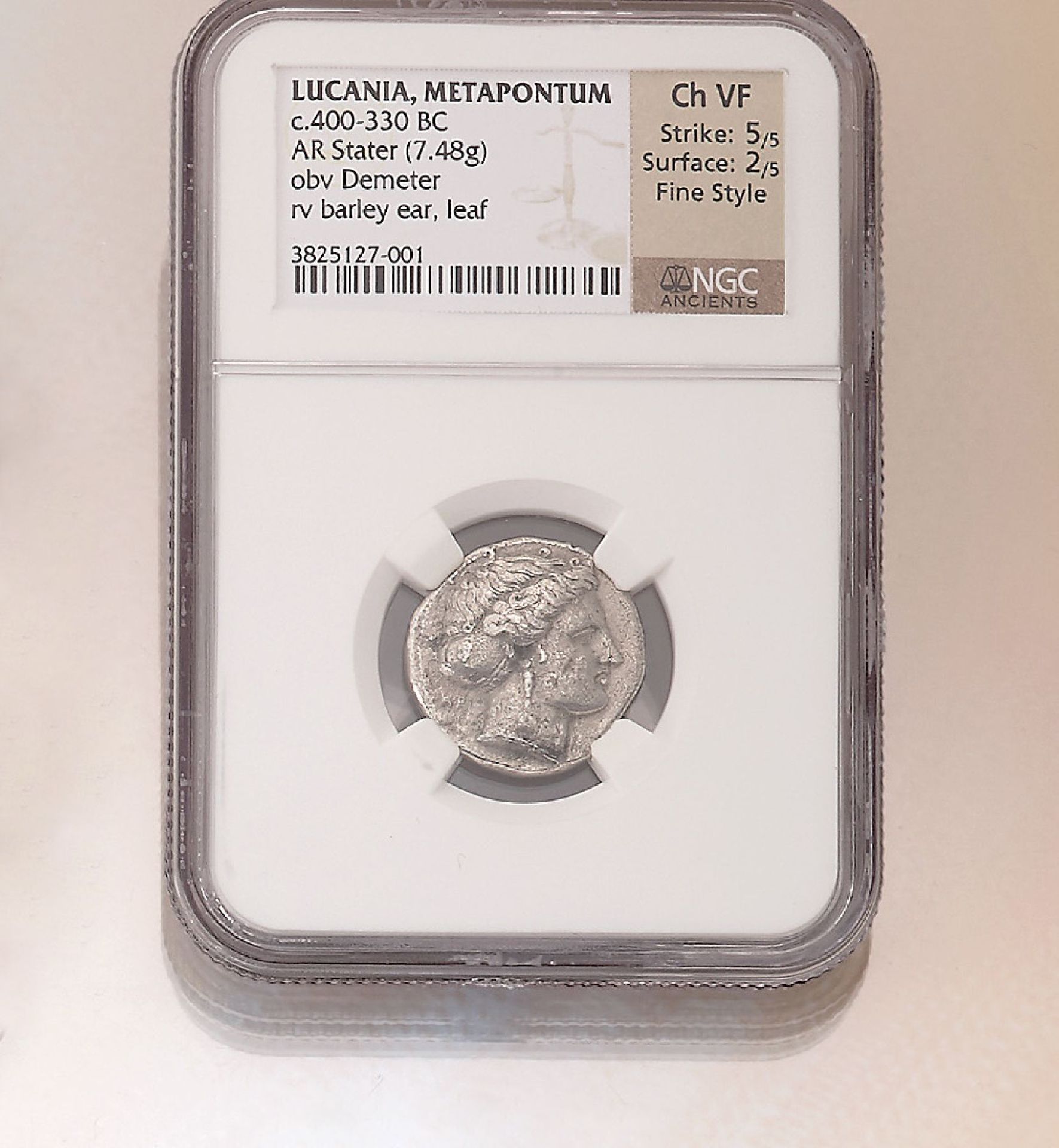 Silbermünze, Stater, Metapont, Lucania, ca. 330-400 v.Chr., AV: Demeter, in NGC Münzkapsel