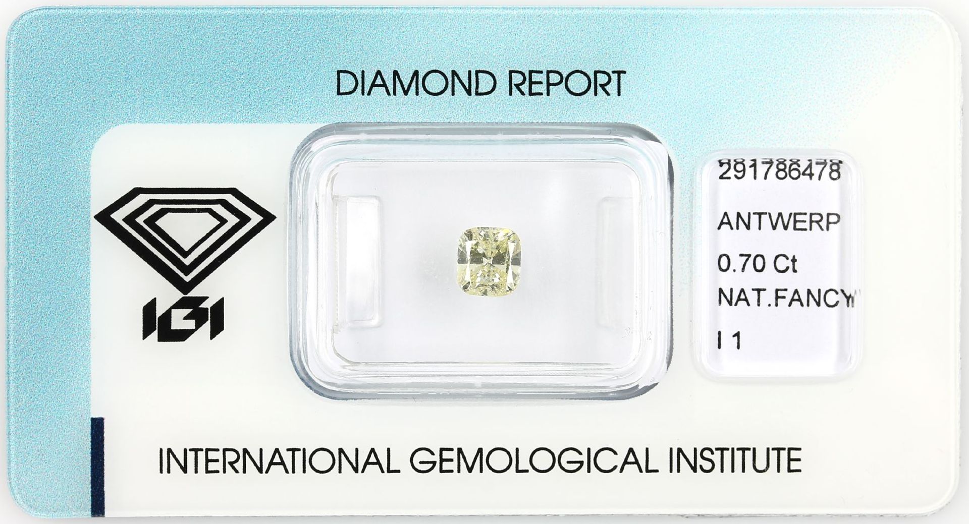 Loser Diamant, 0.70 ct, 5.38 x 4.95 x 3.22 mm, natural fancy yellow/p1, cushion modified