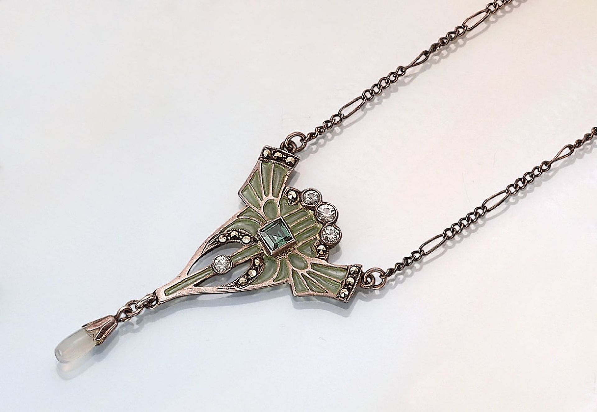 Collier mit Fensteremail, Markasiten und Strasssteinen, Pforzheim um 1910, 925er Silber, Stege mit