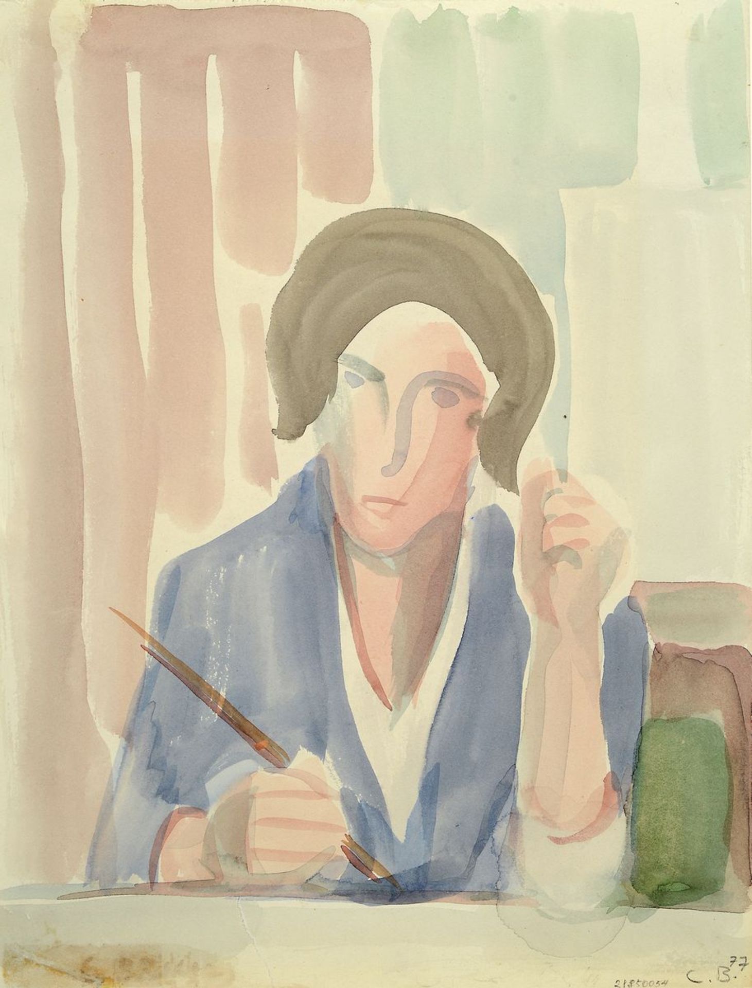 Carla Brill,1906-1994, 2 Arbeiten: a. Gouache auf Papier, blonde Person im Zimmersitzend, rückseitig