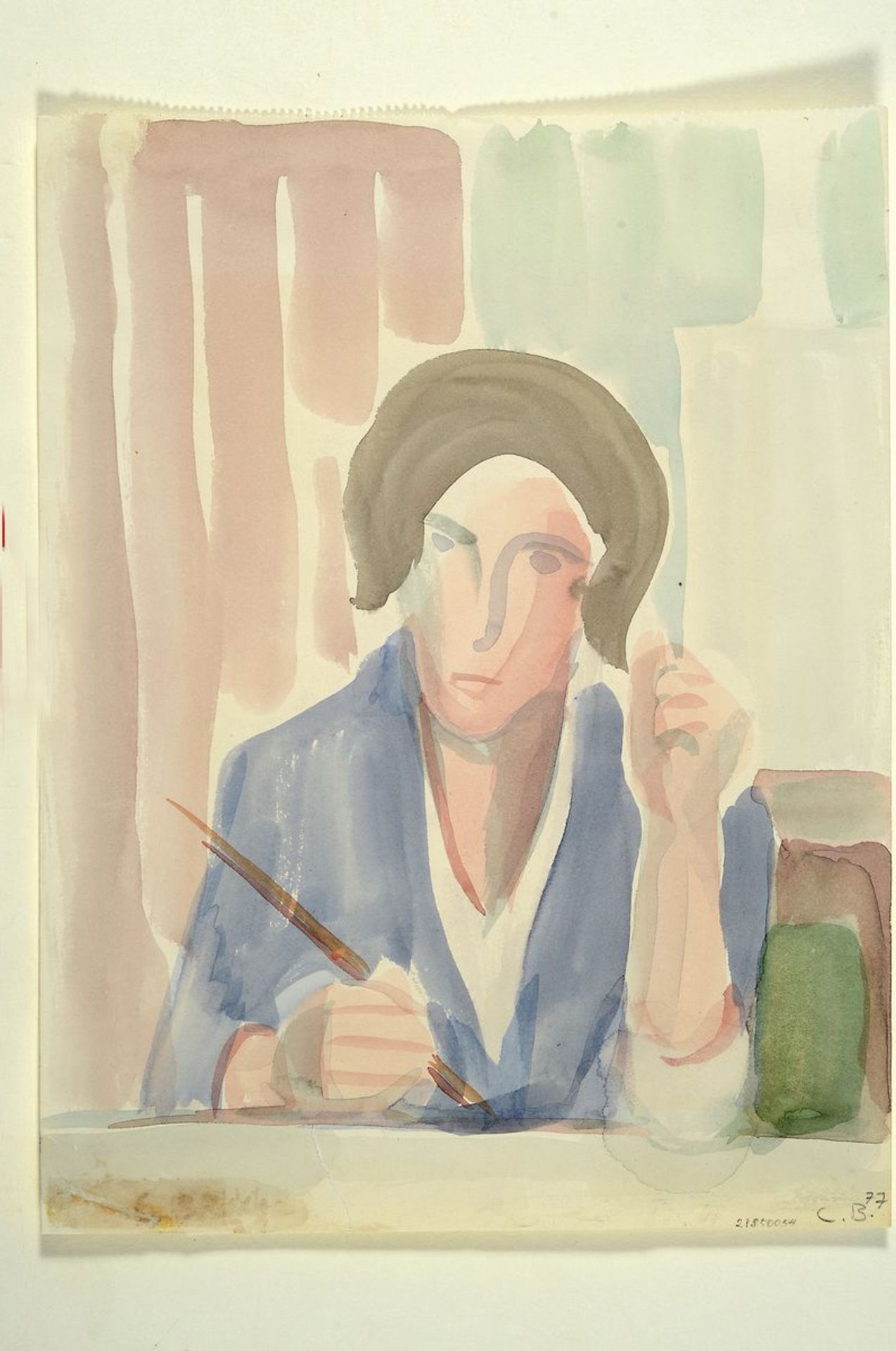 Carla Brill,1906-1994, 2 Arbeiten: a. Gouache auf Papier, blonde Person im Zimmersitzend, rückseitig - Bild 2 aus 2