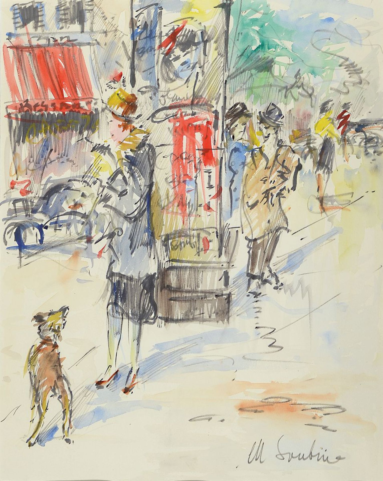 Michel Soutine, 1914-1986, Pariser Straßenszene mit Personen, Tusche und Aquarell auf Papier, rechts