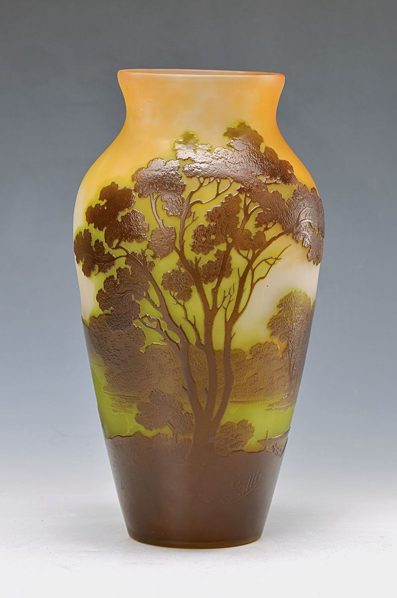 Vase, Frankreich, Gallé, um 1900, grün und orangefarben