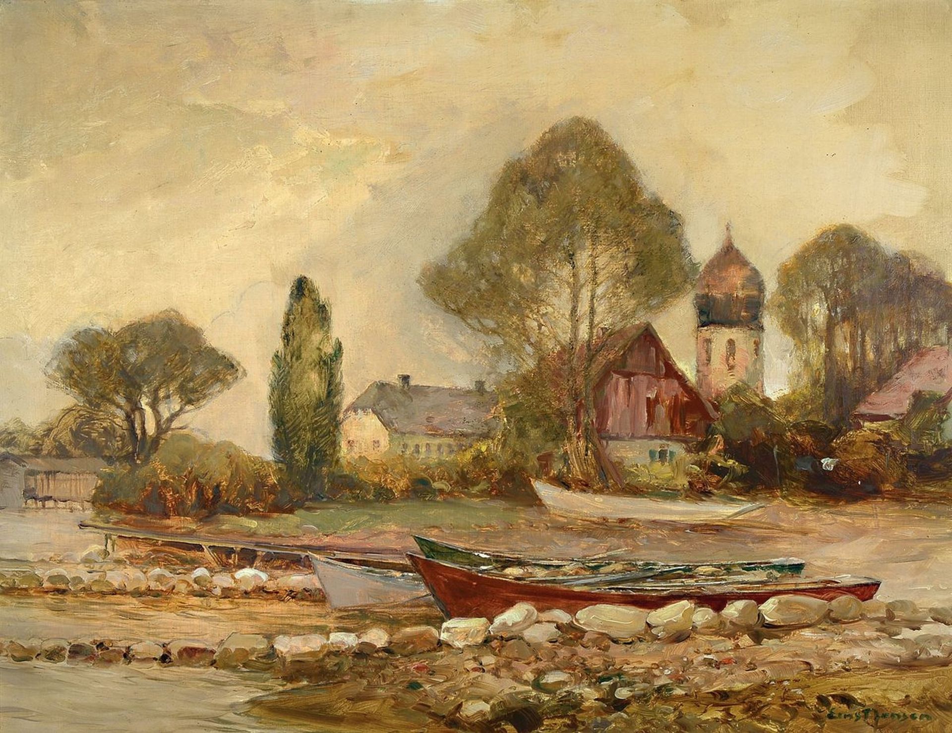 Ernst Jensen, 1863-1933, Seeuferlandschaft mit