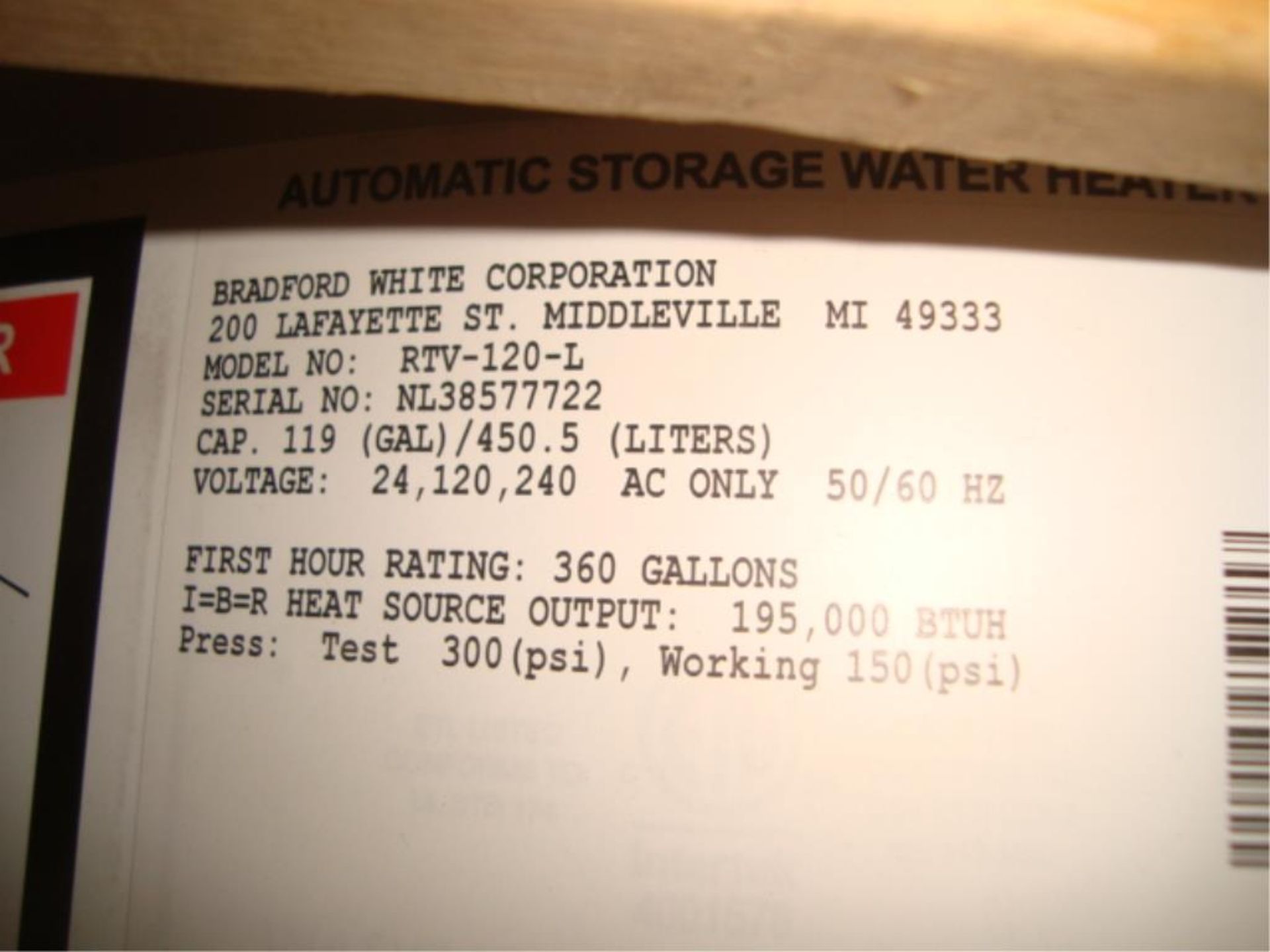Industrial 119 Gallon Capacity Water Heater - Image 7 of 7