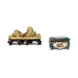 CHINESE SOAPSTONE CARVING AND PORCELAIN BOX