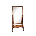 VICTORIAN MAHOGANY AND WALNUT CHEVAL MIRROR