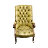 VICTORIAN GREEN LEATHER UPHOLSTERED ELBOW CHAIR