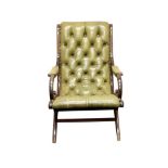 VICTORIAN GREEN LEATHER UPHOLSTERED ELBOW CHAIR