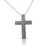 9CT WHITE GOLD AND GEM SET CROSS ON CHAIN