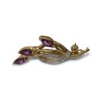 9CT GOLD DIAMOND AND AMETHYST BROOCH