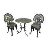 VICTORIAN STYLE CAST METAL GARDEN TABLE AND TWO CHAIRS
