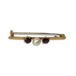 9CT GOLD PEARL AND RUBY BAR BROOCH
