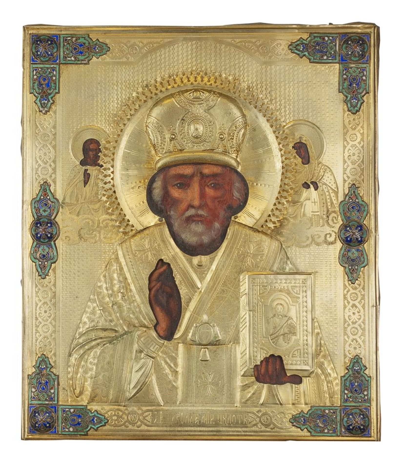 A Russian icon "Saint Nicholas" in a silver-gilt enamelled oklad Moscow, beginning [...]