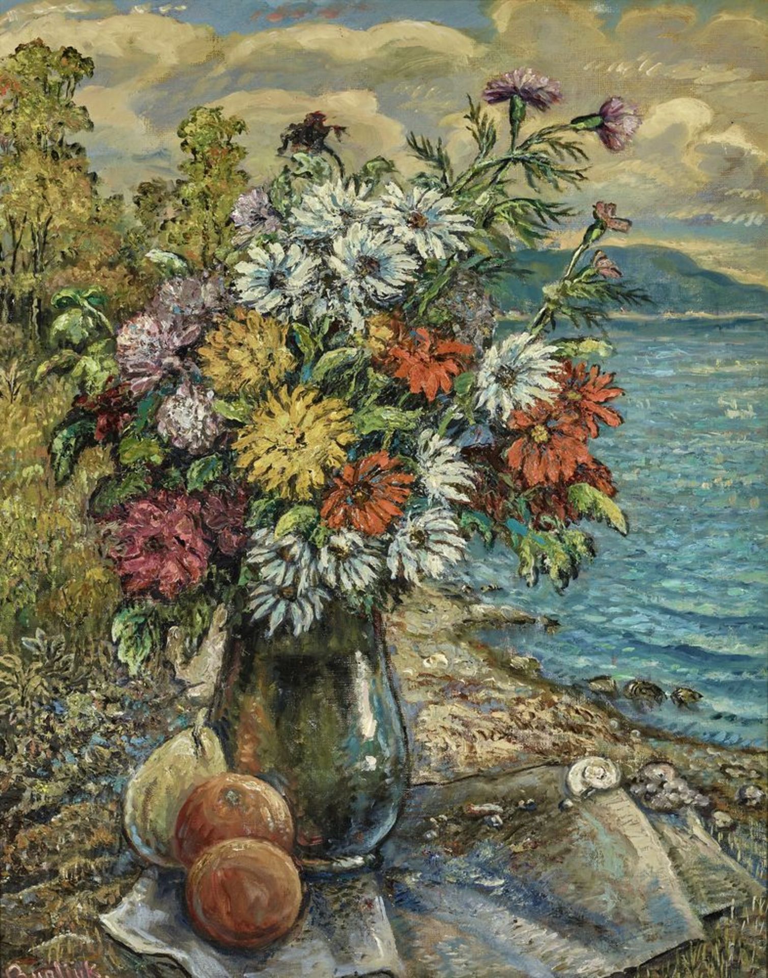 David Burliuk (1882 – 1967) - Flowers and fruits on a beach Signed 'Burliuk' [...]