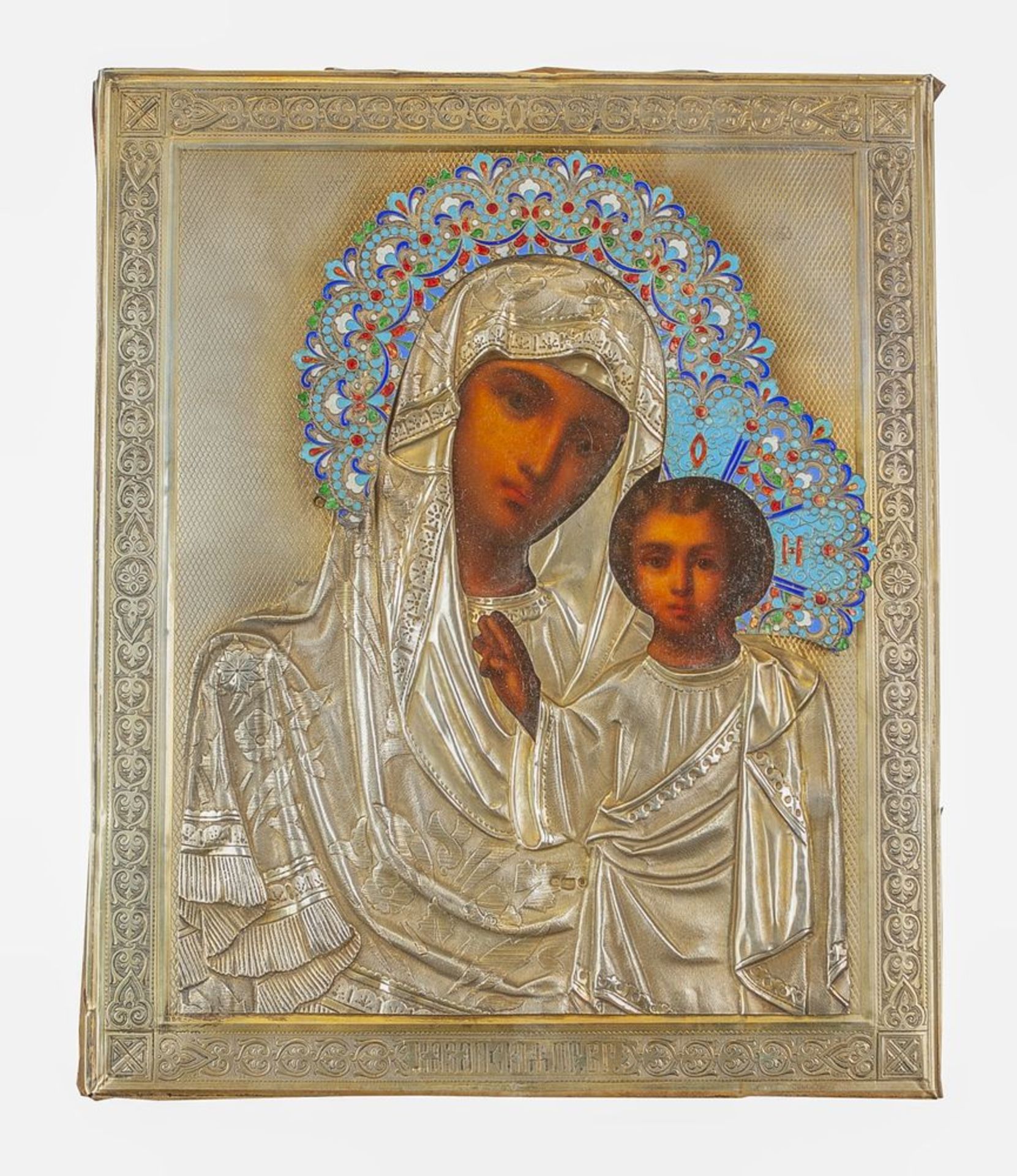 A Russian icon of "the Kazan Mother of God" in silver-gilt polychrome enameled [...]