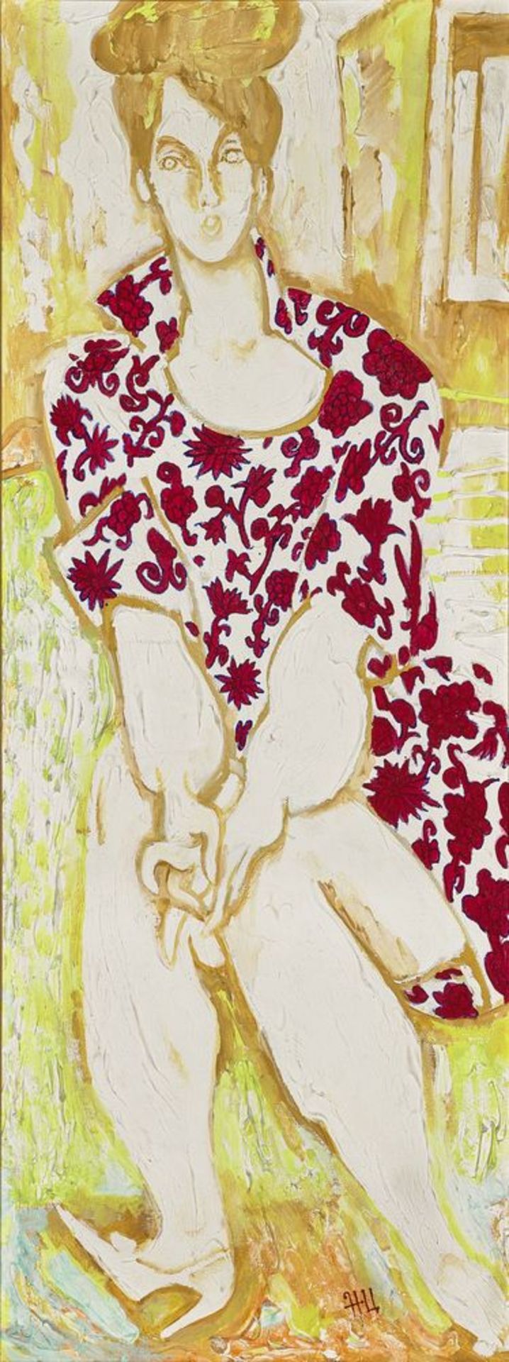 Naum TSEITLIN (1909-1997) - Woman in a red floral dress, sitting signed with a [...]