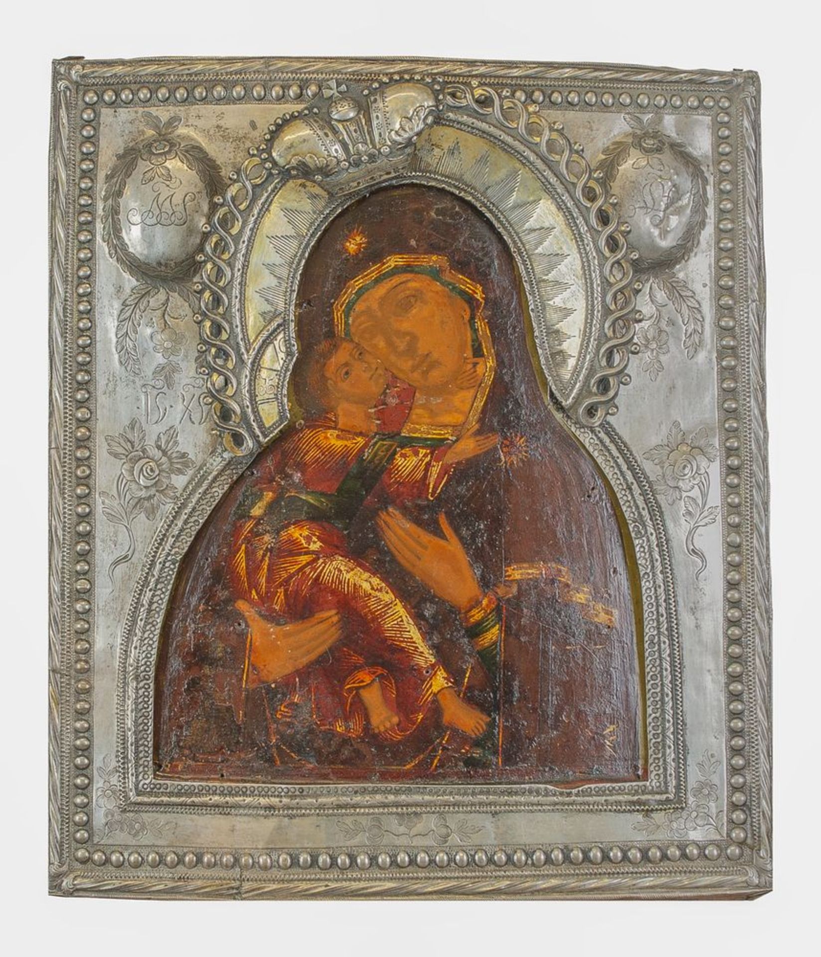 A Russian icon "The Vladimir Mother of God" in a silver-gilt oklad Veliky Novgorod, [...]