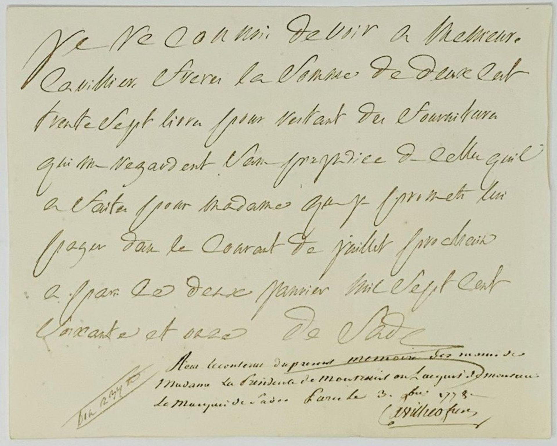 DE SADE DONATIEN ALPHONSE FRANÇOIS. 1740-1814. Autograph letter - Signed “de [...]