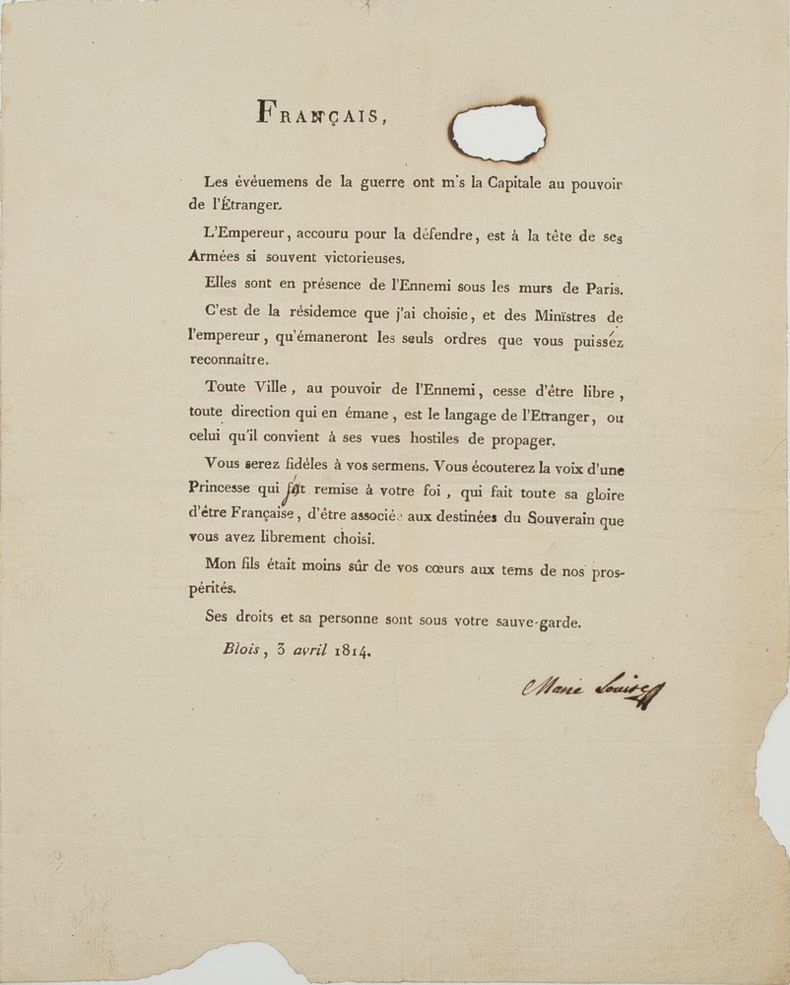 MARIE-LOUISE (EMPRESS). 1791-1847. Printed letter signed by Empress «Marie Louise» [...]