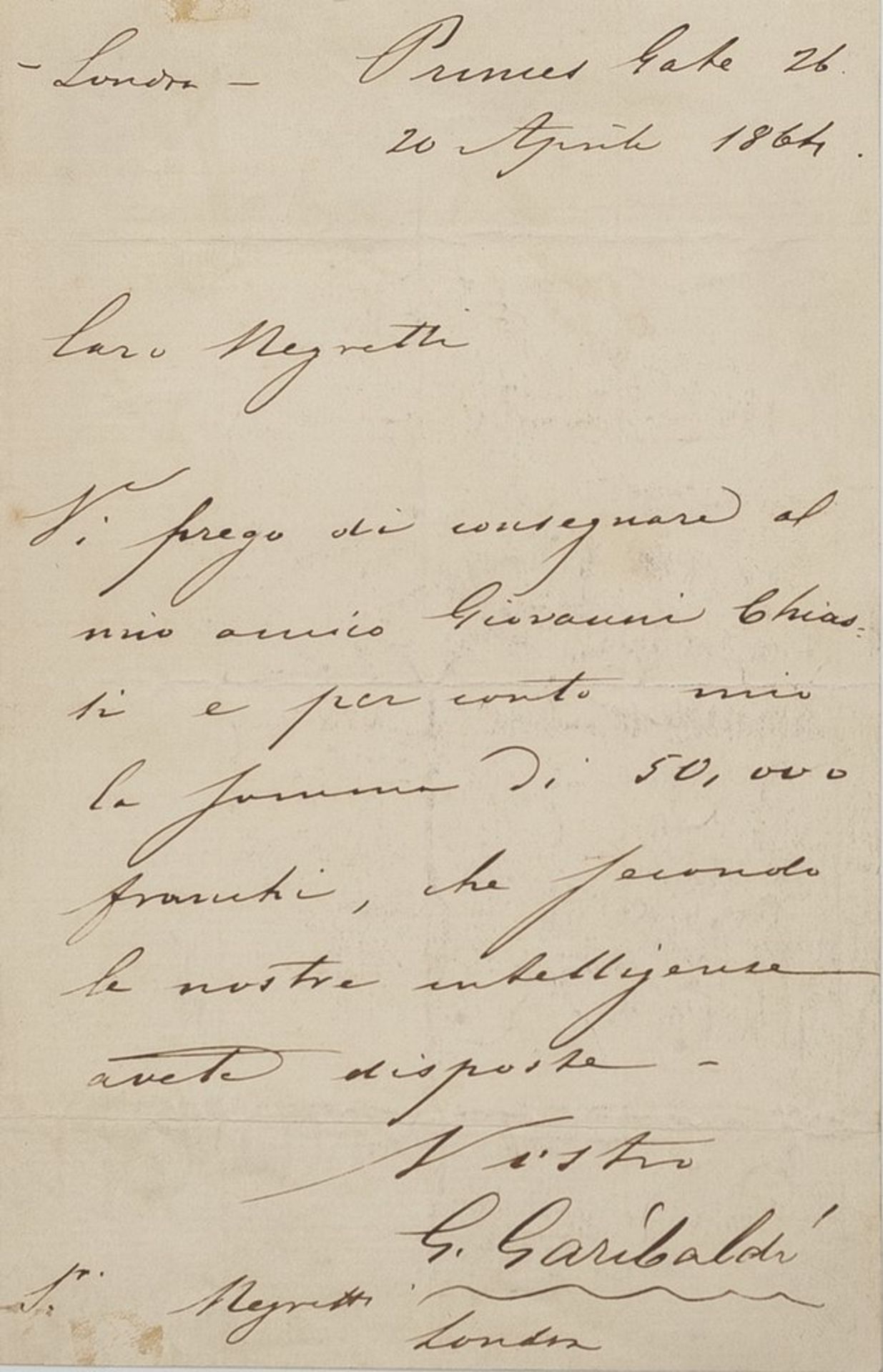 GARIBALDI (GIUSEPPE). 1807-1882. Signed autograph letter to Enrico Negretti, in [...]