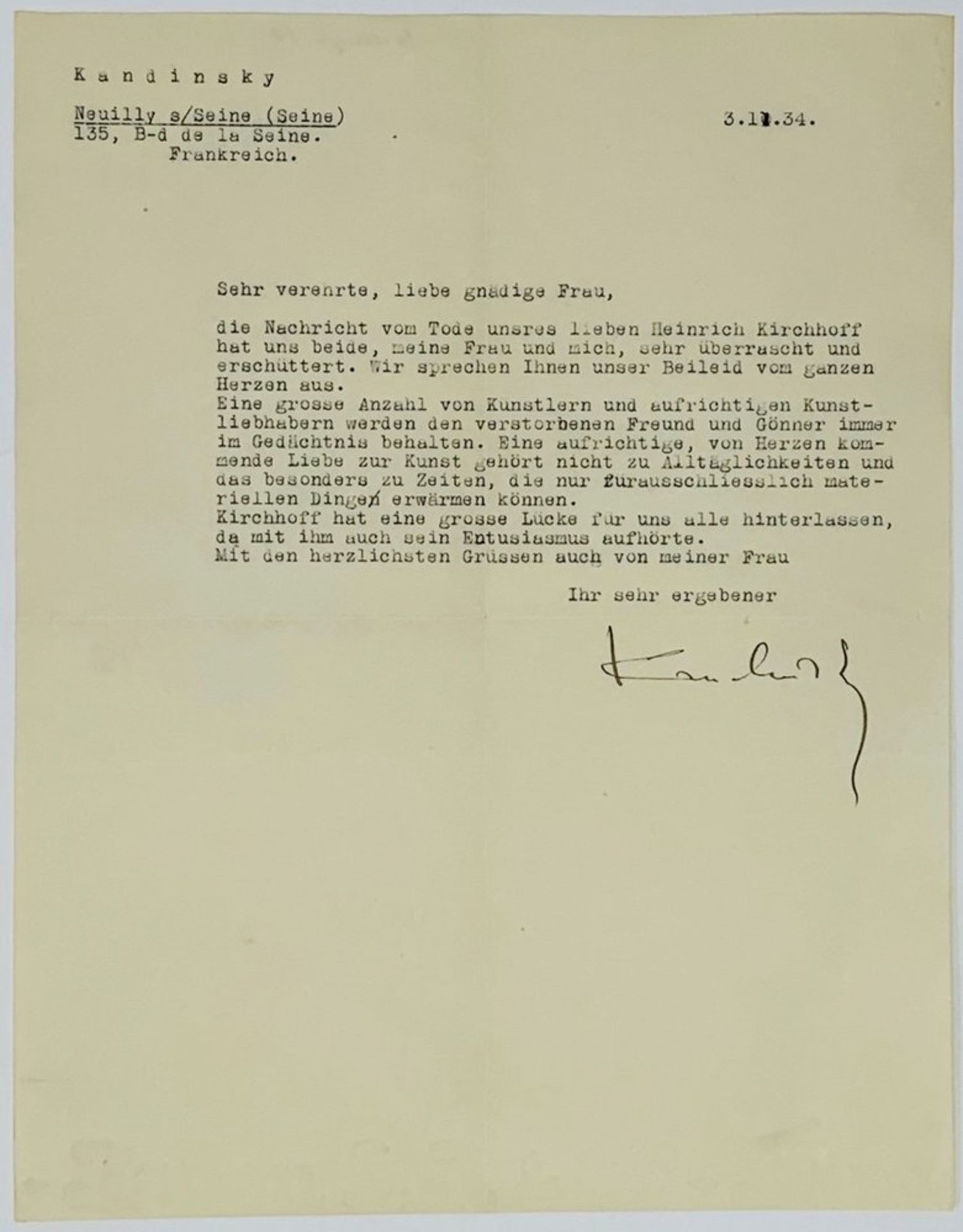 KANDINSKY (WASSILY). 1866-1944. Typed Letter with original signature «Kandinsky». [...]