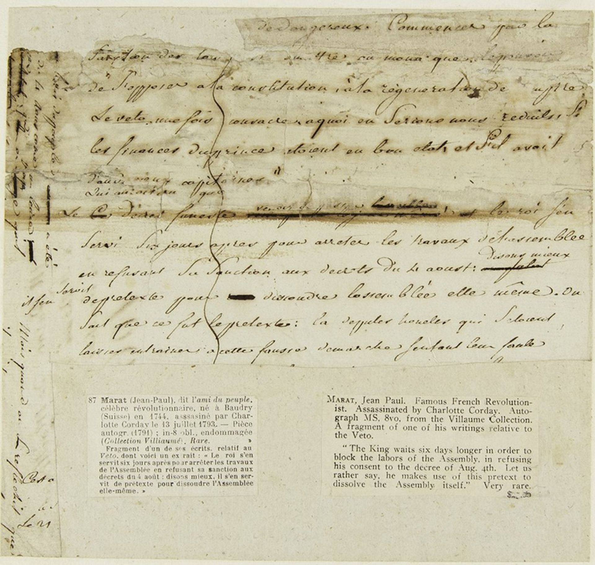 JEAN-PAUL MARAT. 1743-1793. Autograph manuscript (1791). - A fragment of one of his [...]