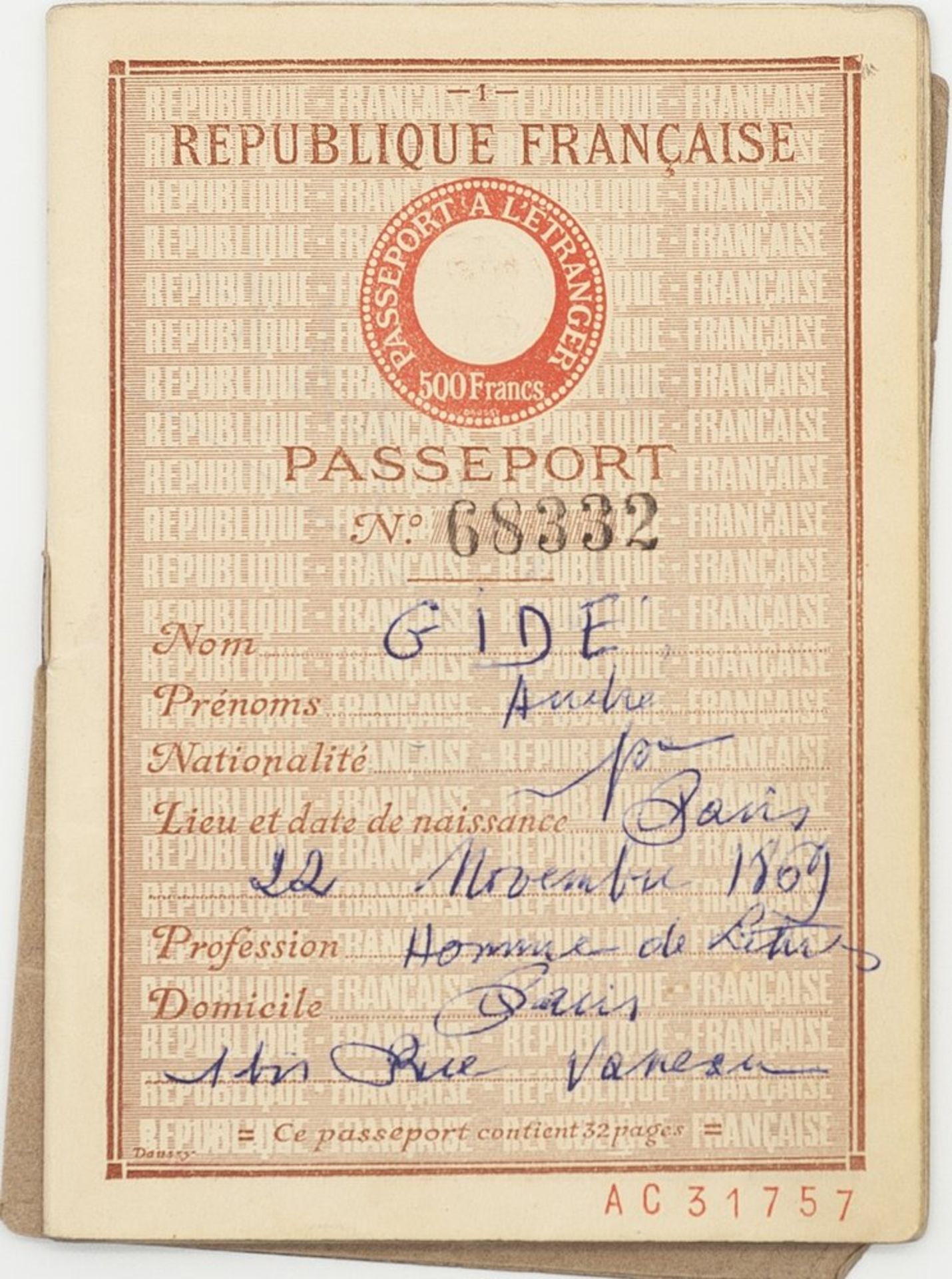 GIDE (ANDRÉ). 1869-1951. Passport signed with photographic portrait and 3 pieces [...] - Bild 2 aus 6