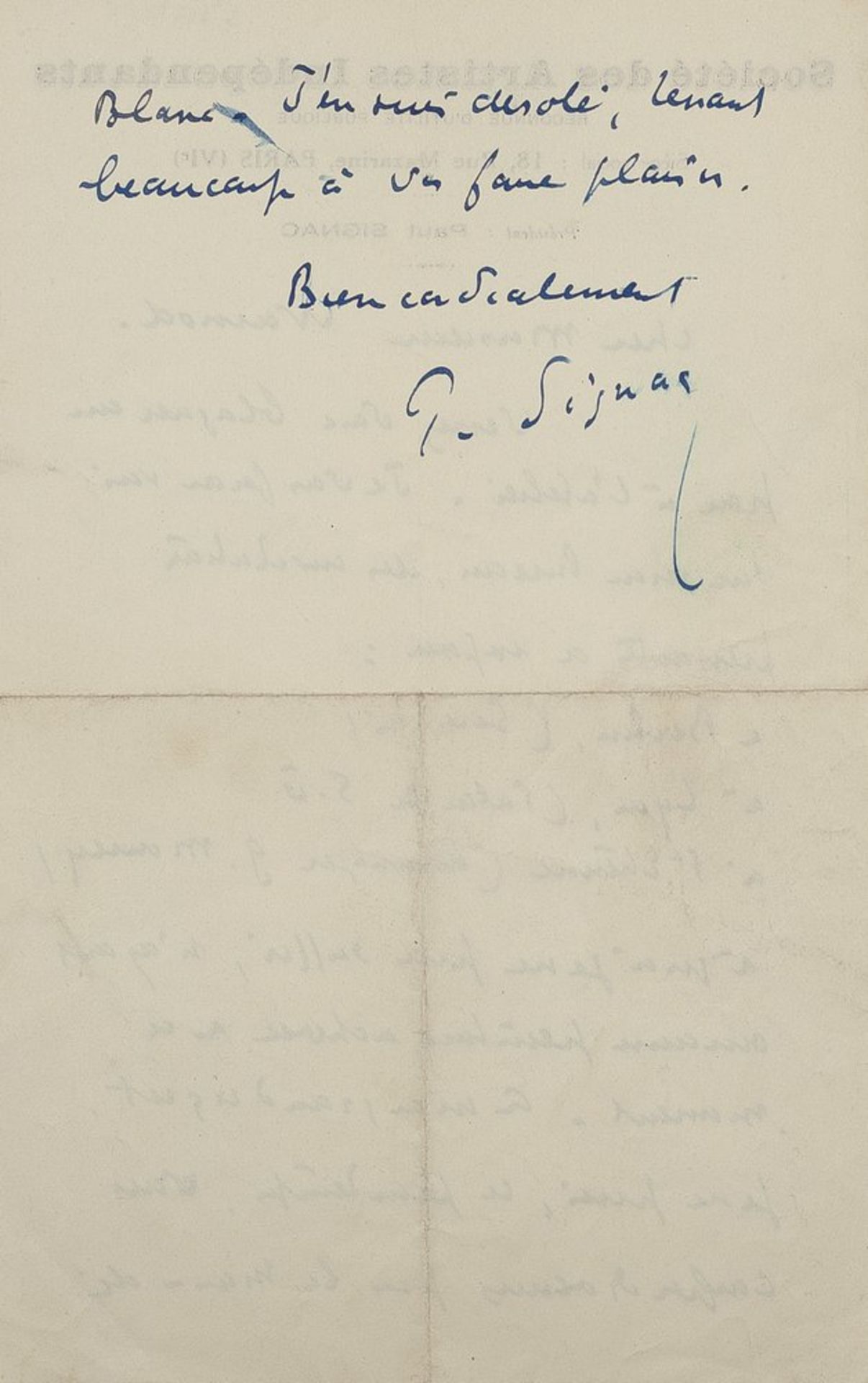 SIGNAC (PAUL). 1863-1935. Autograph letter signed to art critic André Warnod [...] - Bild 2 aus 2